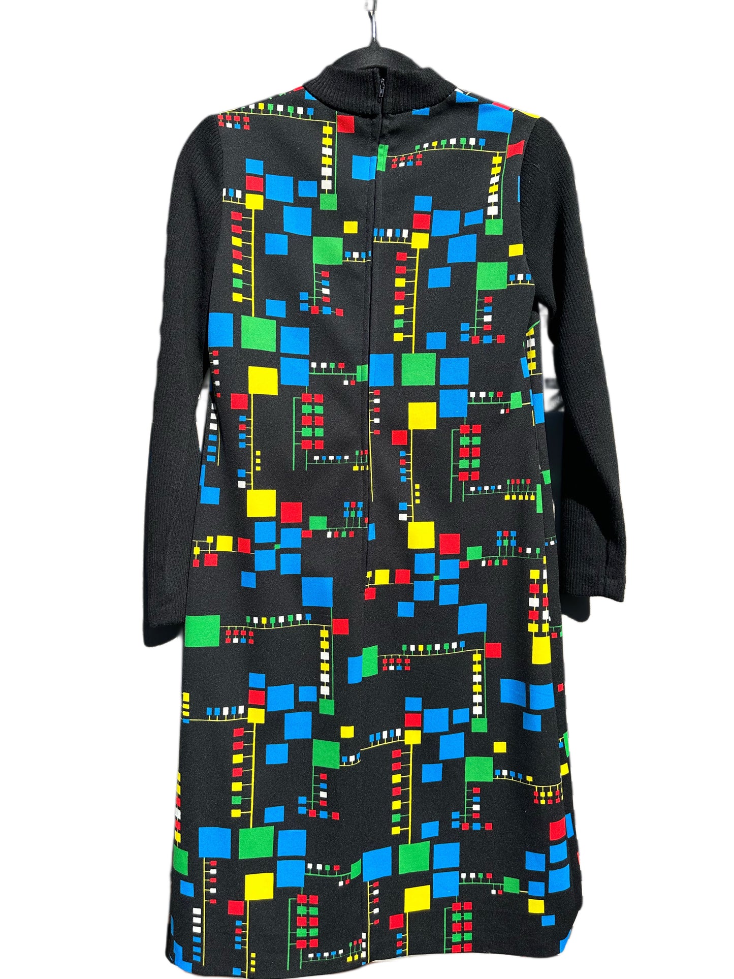 Vintage 1970's Black Dress with Vibrant Geo Square Print