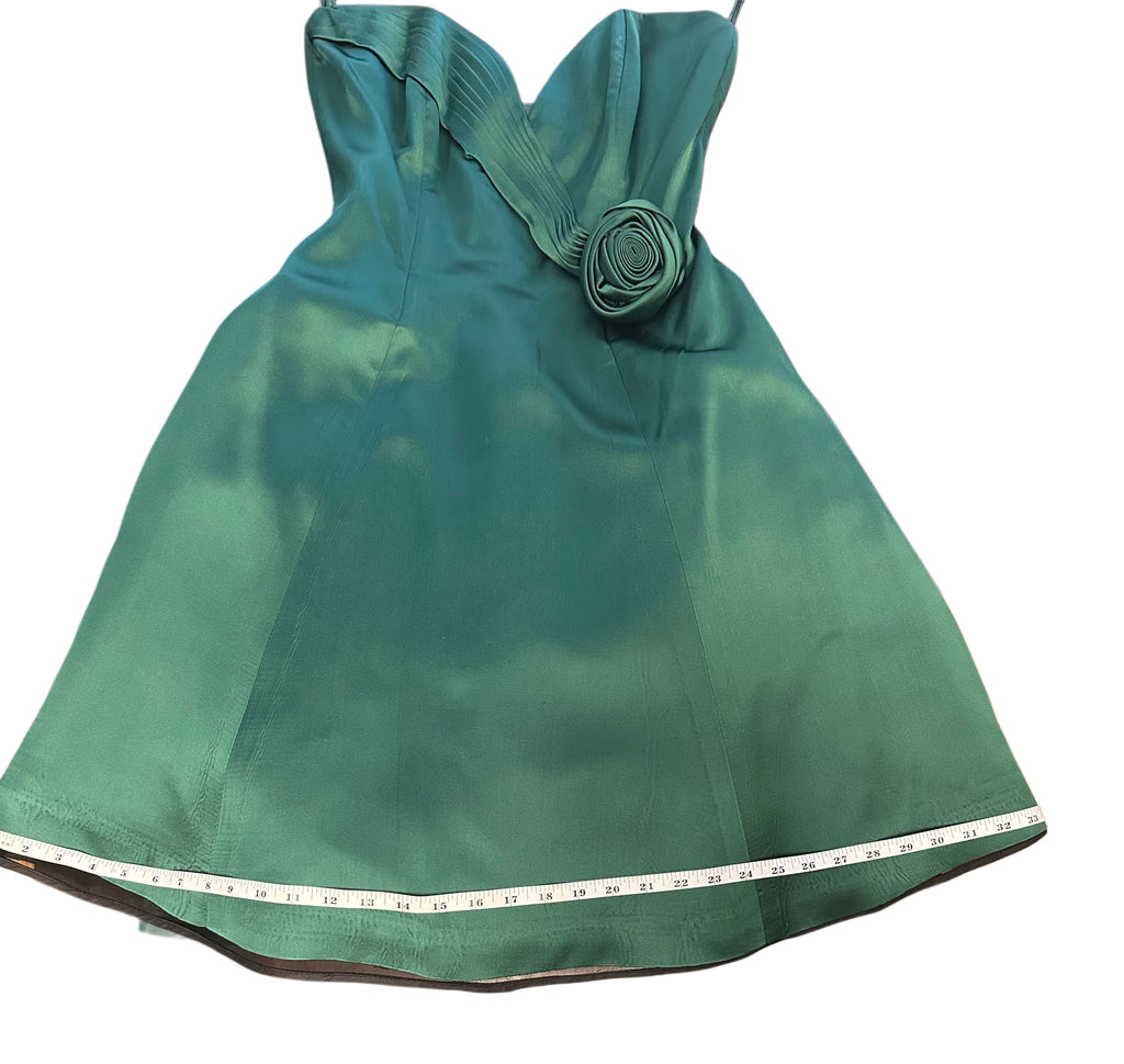 Vintage 1980's Vicky Tiel Couture Green Satin Strapless Dress with Rosette