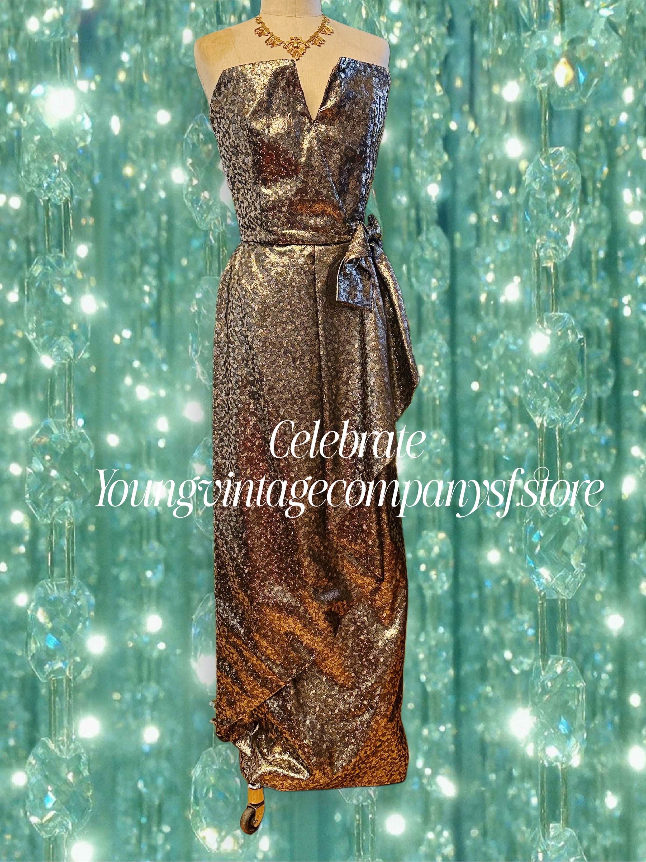 Vintage Victor Costa Silver and Gold stylized floral lame evening dress