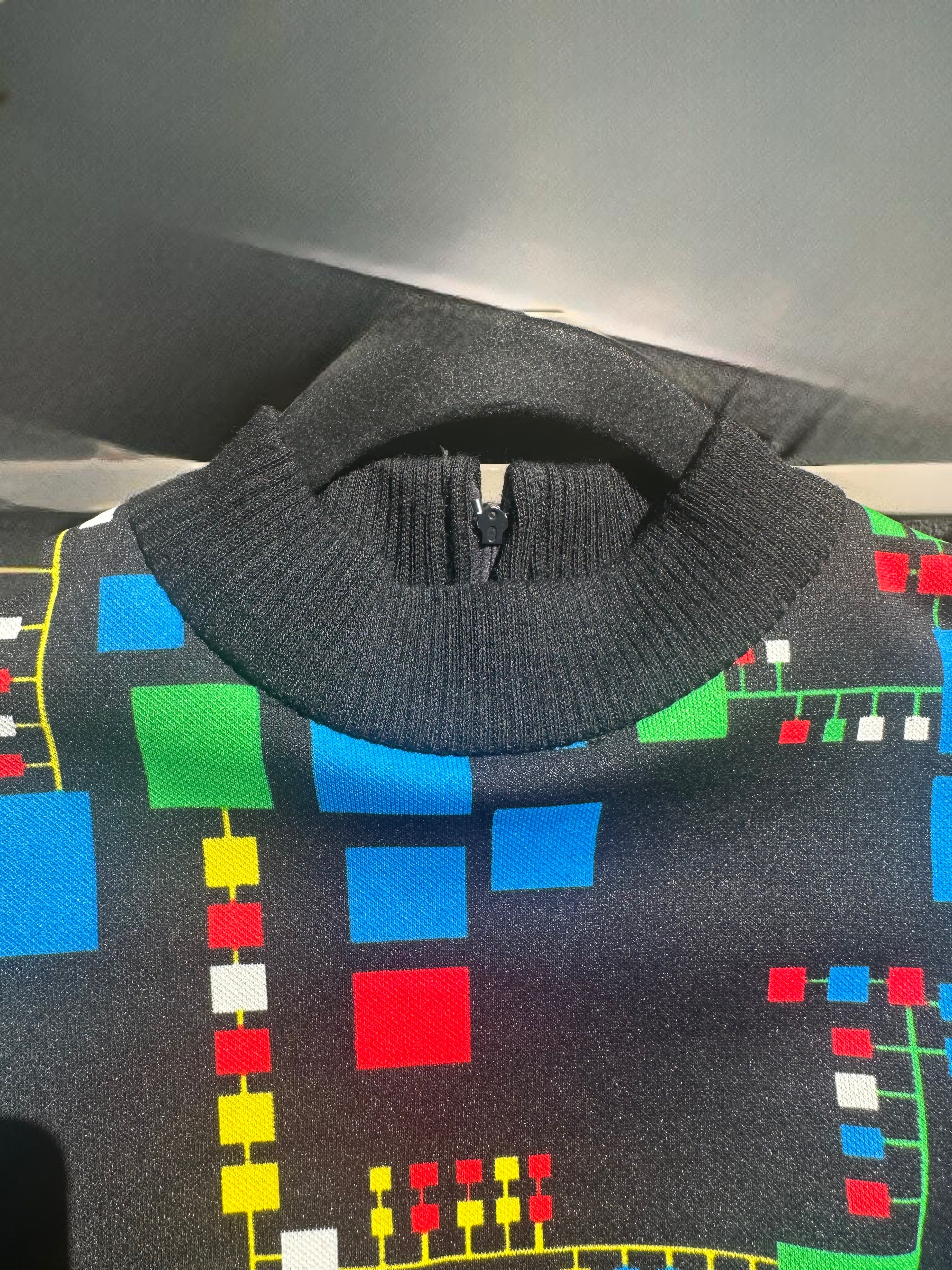 Vintage 1970's Black Dress with Vibrant Geo Square Print