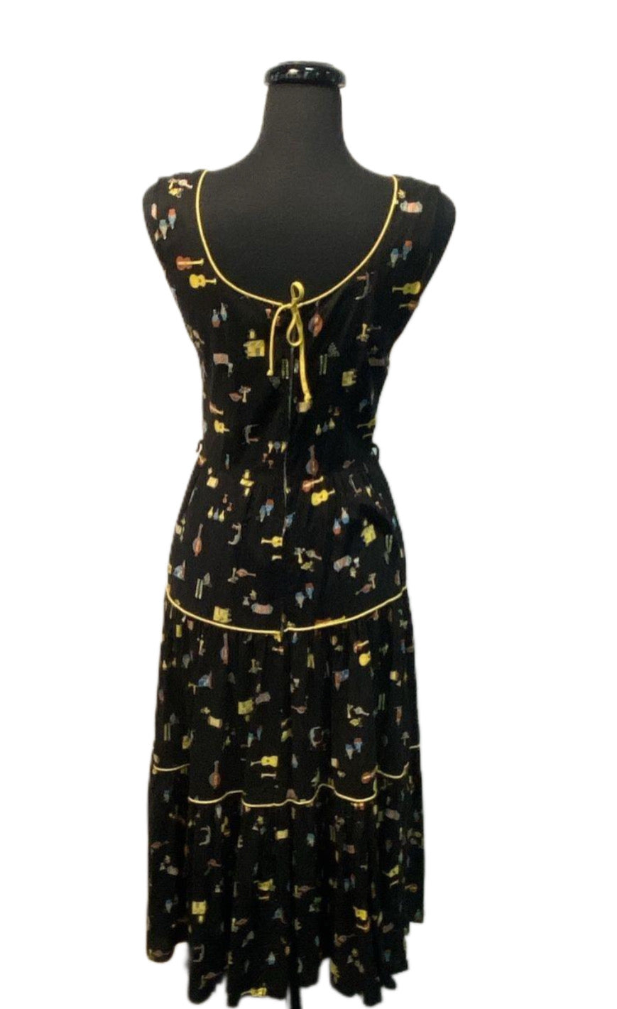 Vintage Women's Kay Whitney Black Novelty Print Dress Size S