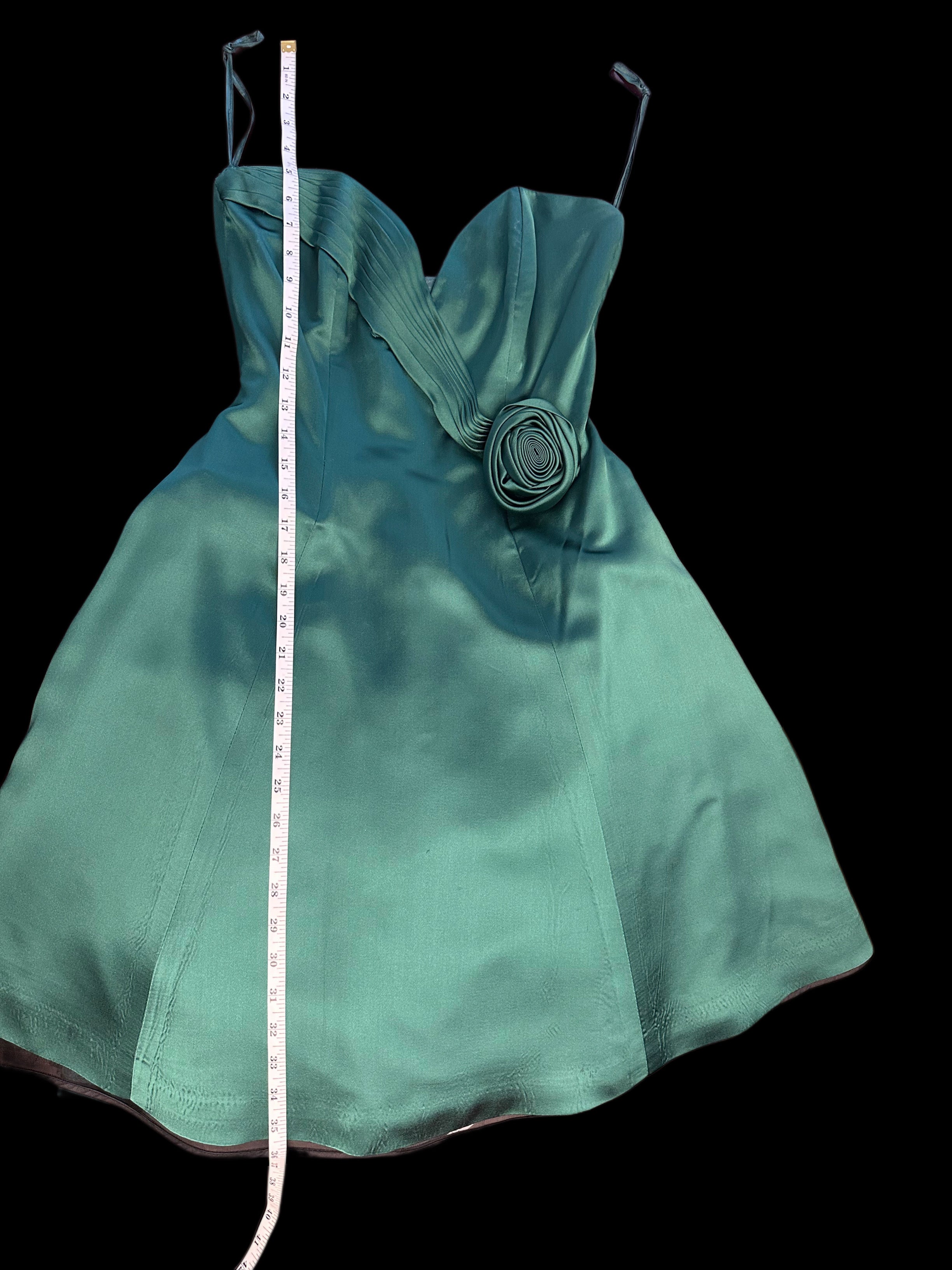 Vintage 1980's Vicky Tiel Couture Green Satin Strapless Dress with Rosette