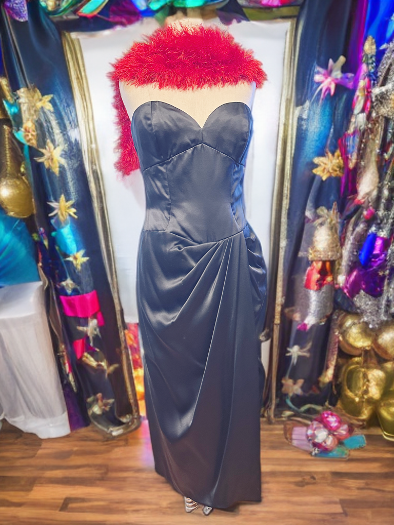 Black Satin Vicky Tiel Tea Length Couture Dress