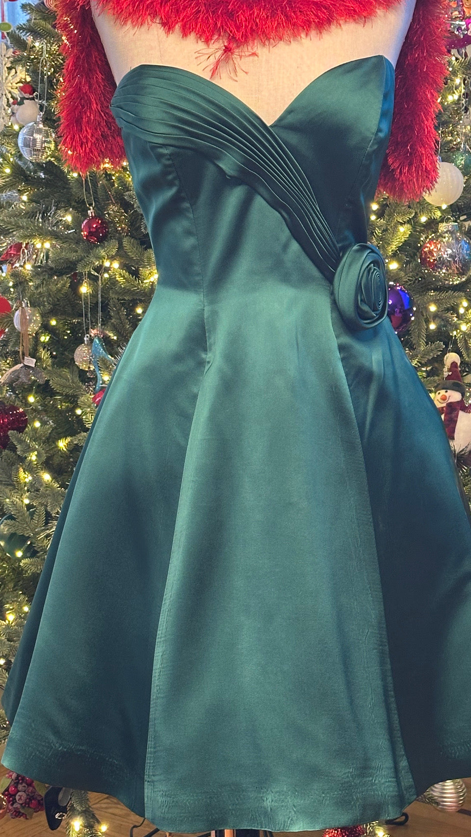 Vintage 1980's Vicky Tiel Couture Green Satin Strapless Dress with Rosette