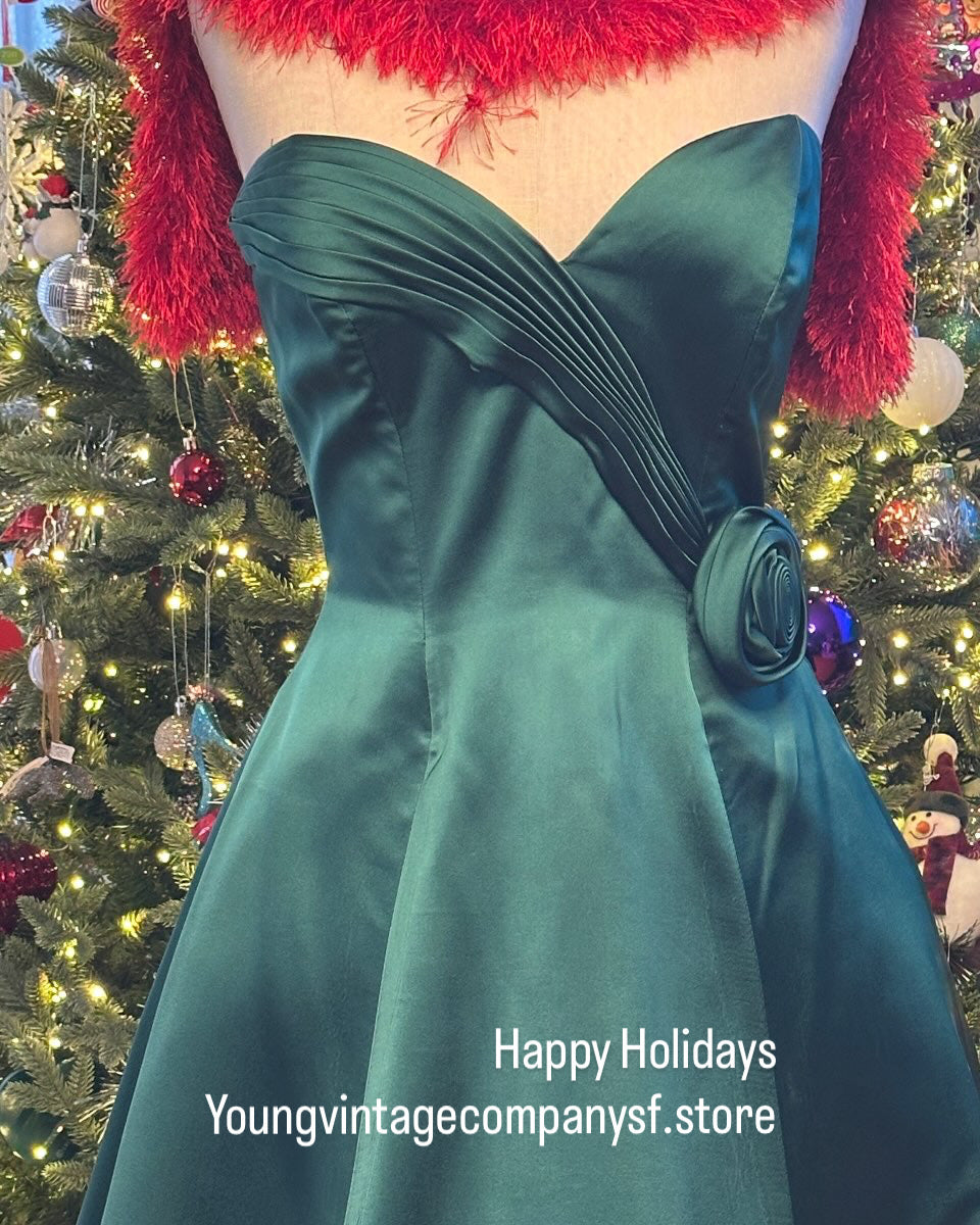 Vintage 1980's Vicky Tiel Couture Green Satin Strapless Dress with Rosette