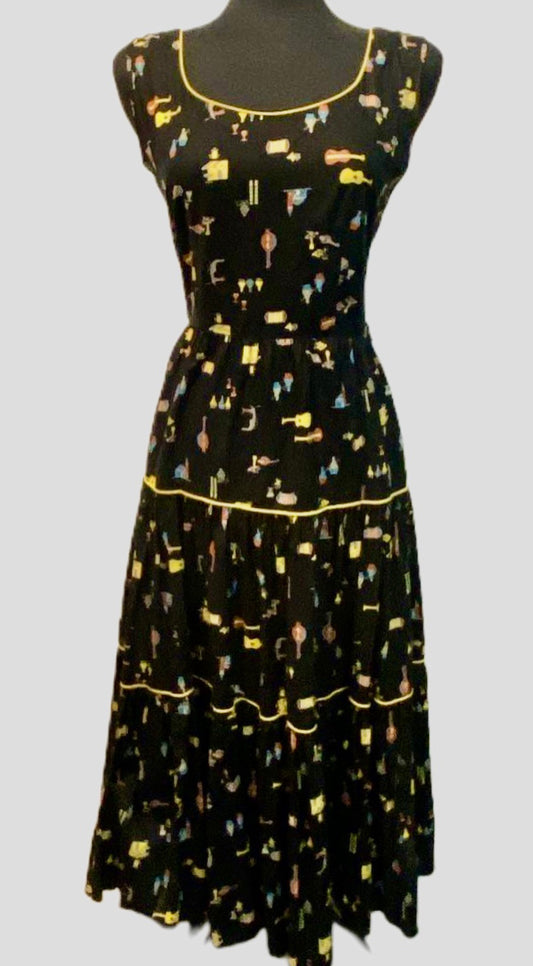 Vintage Women's Kay Whitney Black Novelty Print Dress Size S