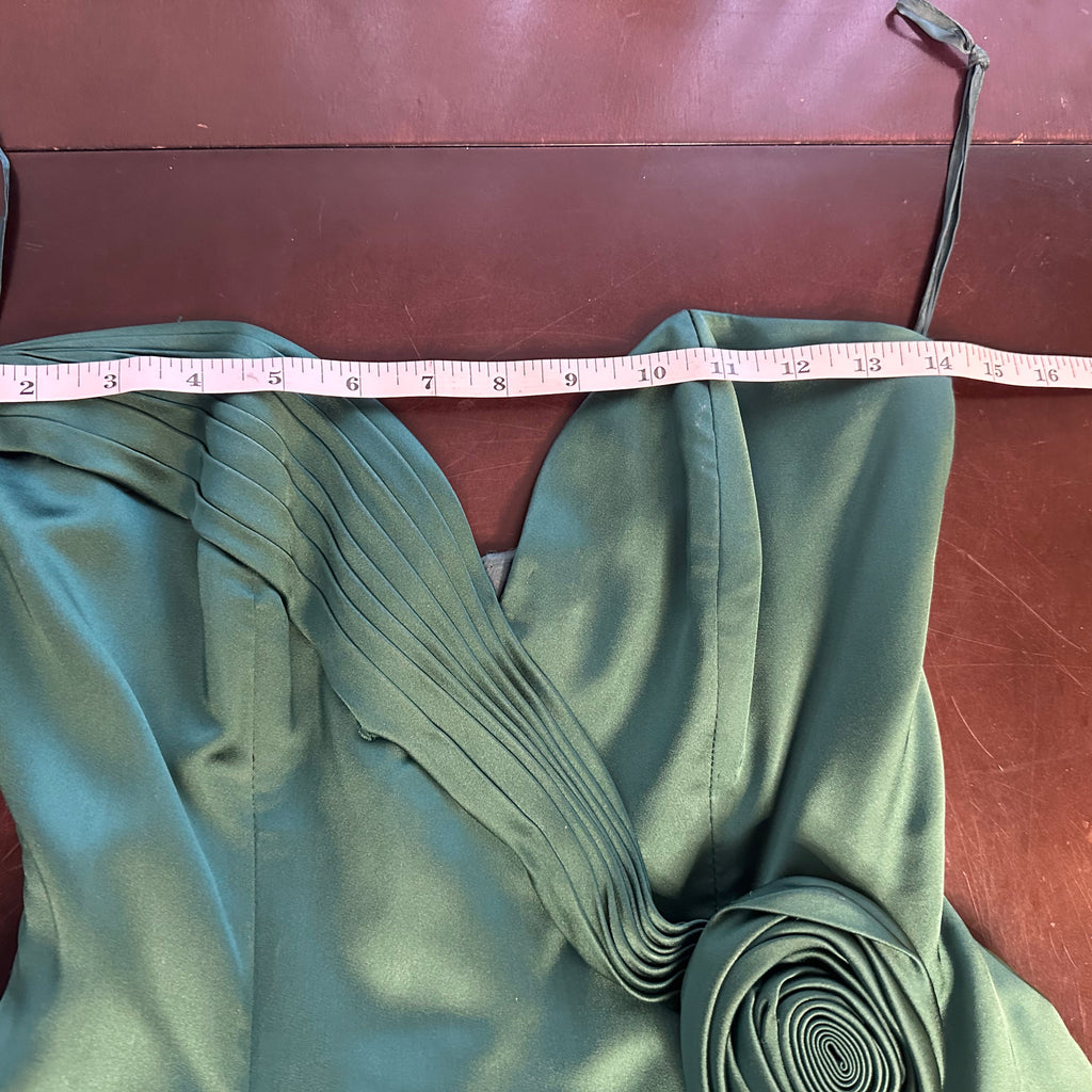 Vintage 1980's Vicky Tiel Couture Green Satin Strapless Dress with Rosette