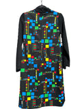 Vintage 1970's Black Dress with Vibrant Geo Square Print