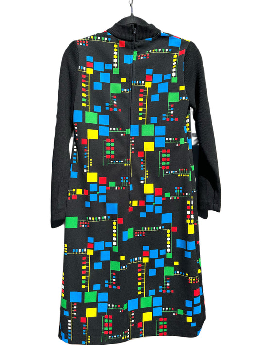 Vintage 1970's Black Dress with Vibrant Geo Square Print