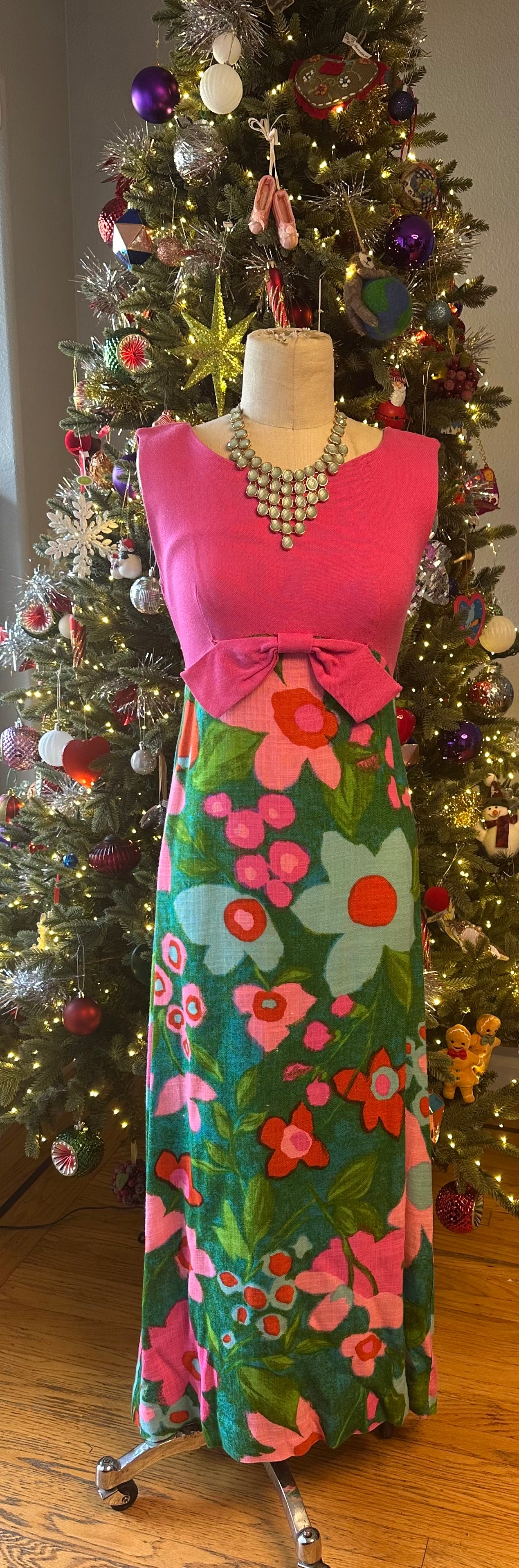 Vintage 1960's Linen Empire Vibrant Pink Dress