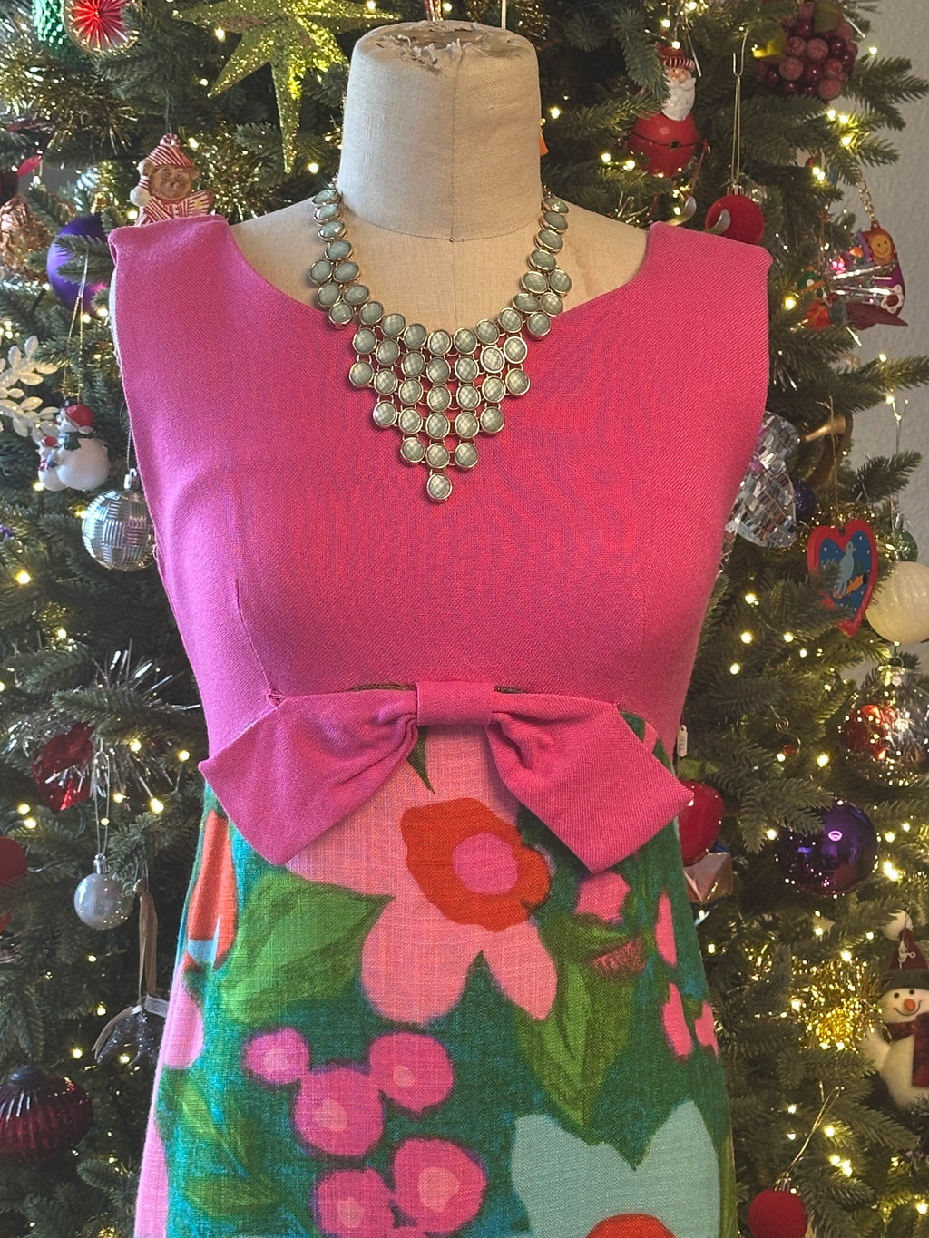 Vintage 1960's Linen Empire Vibrant Pink Dress