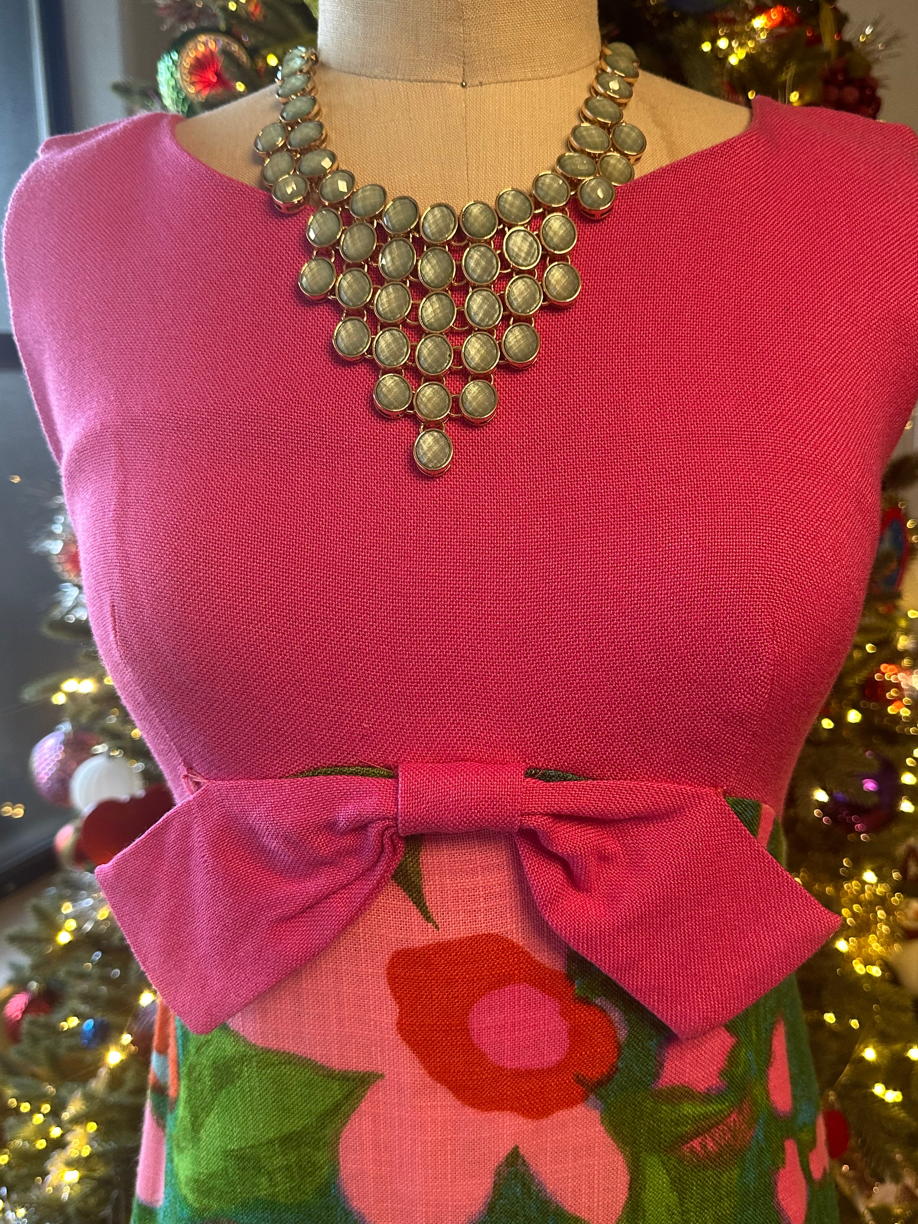 Vintage 1960's Linen Empire Vibrant Pink Dress