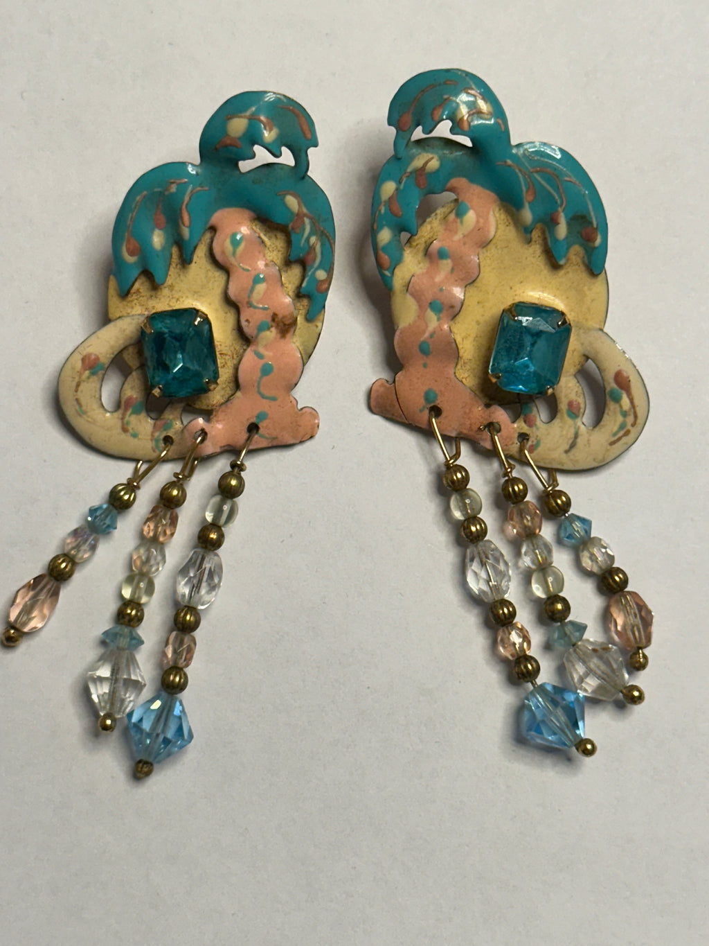 Lunch at the Ritz Vintage Tropical Palm Tree Beaded Dangle Earrings Circa 1988