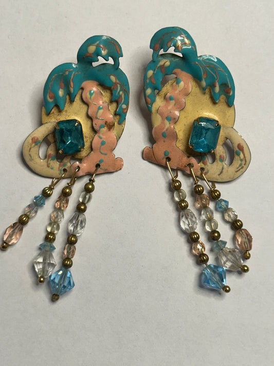 Lunch at the Ritz Vintage Tropical Palm Tree Beaded Dangle Earrings Circa 1988