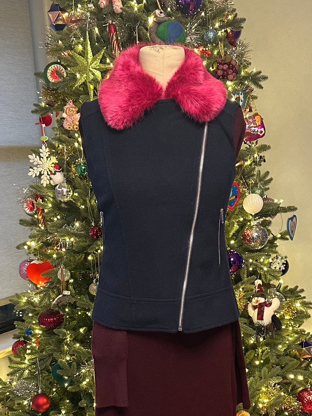 HELENE London Wool Blend Blue with Hot Pink Faux Fur Collar Jacket