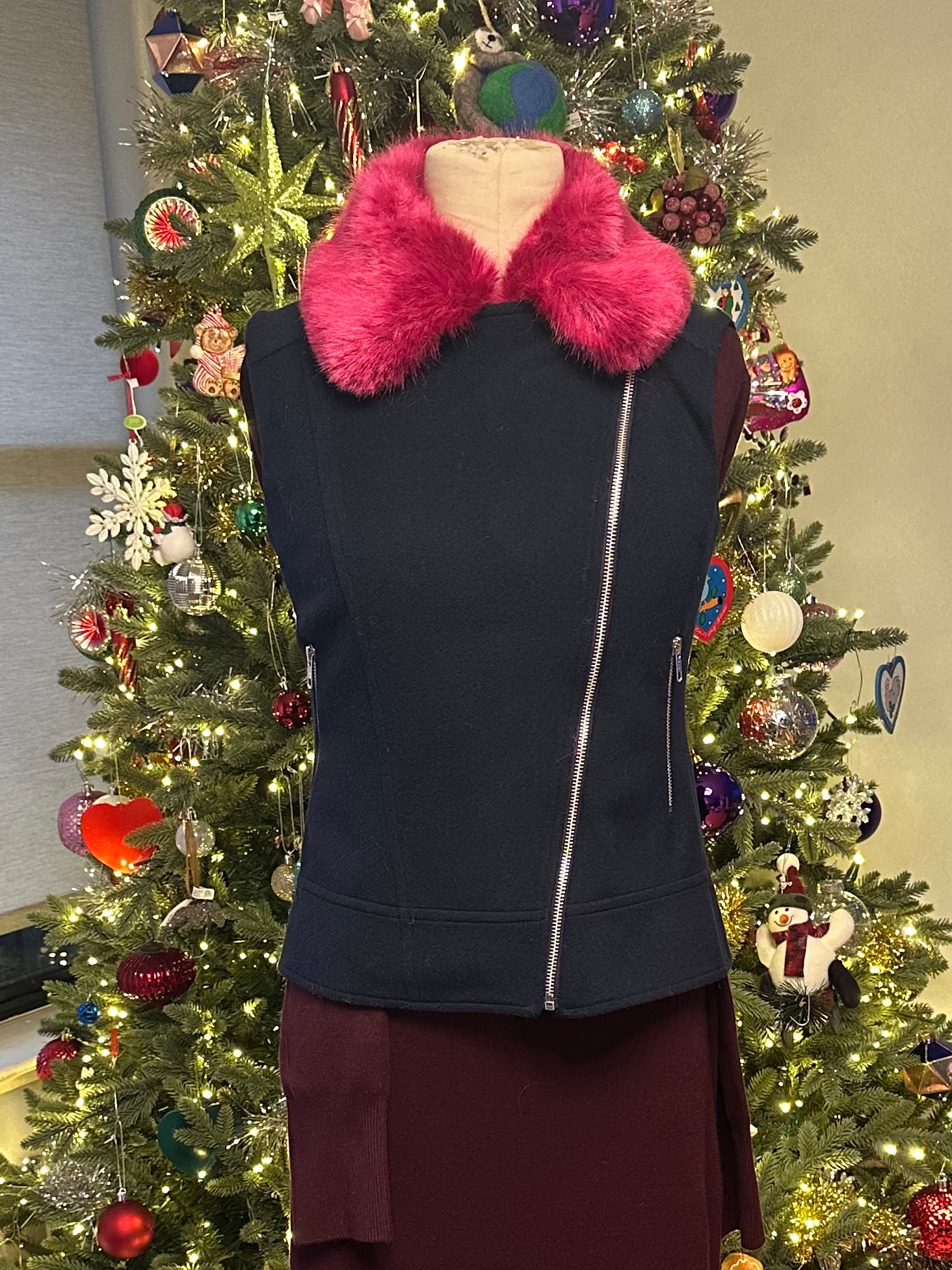 HELENE London Wool Blend Blue with Hot Pink Faux Fur Collar Jacket