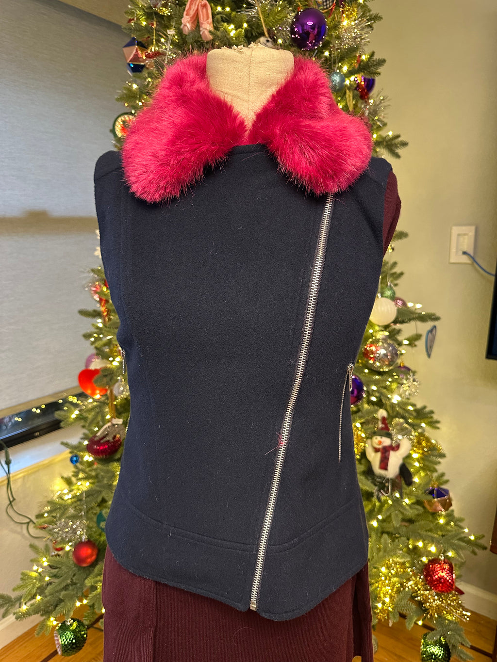 HELENE London Wool Blend Blue with Hot Pink Faux Fur Collar Jacket