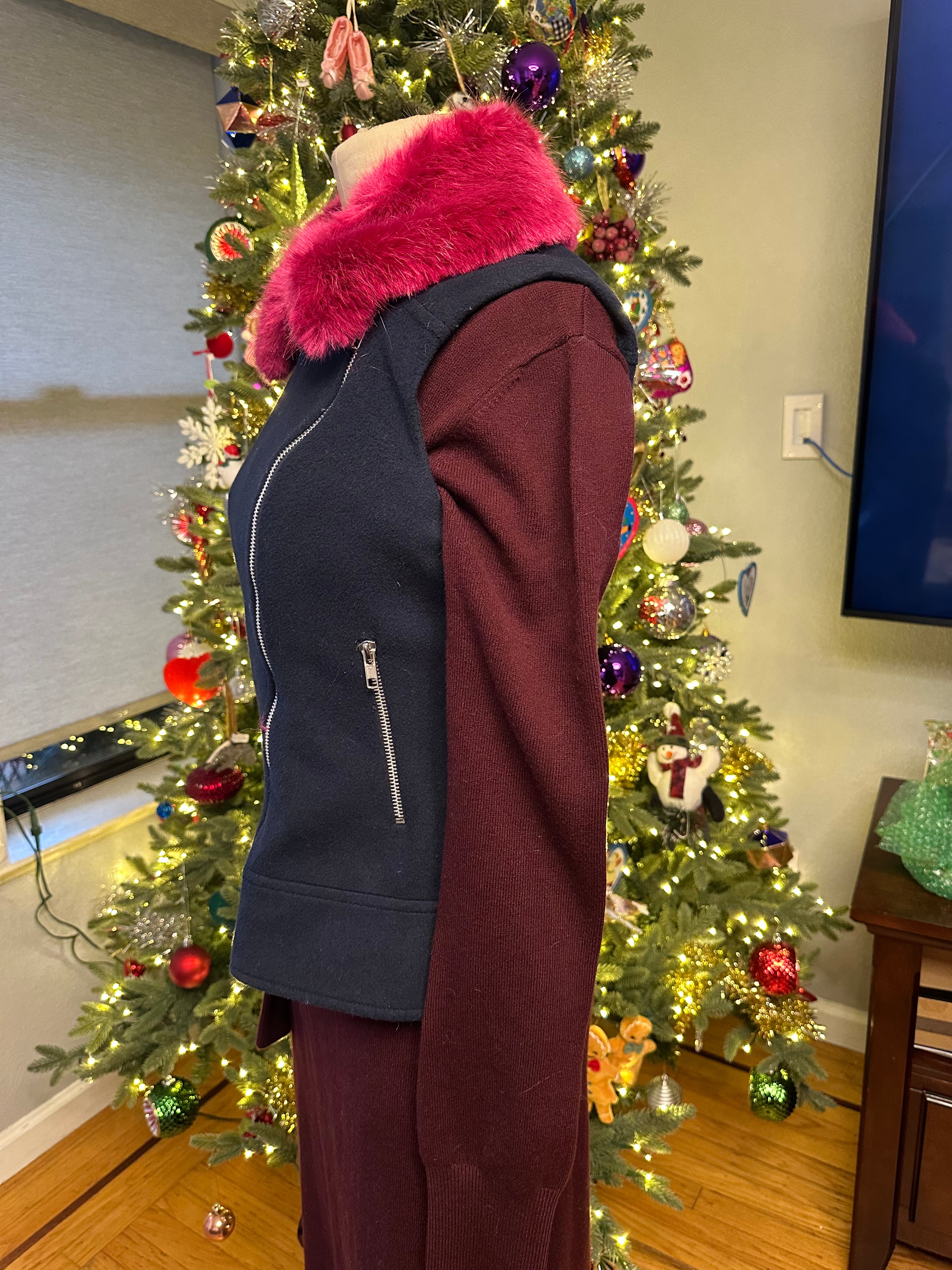 HELENE London Wool Blend Blue with Hot Pink Faux Fur Collar Jacket