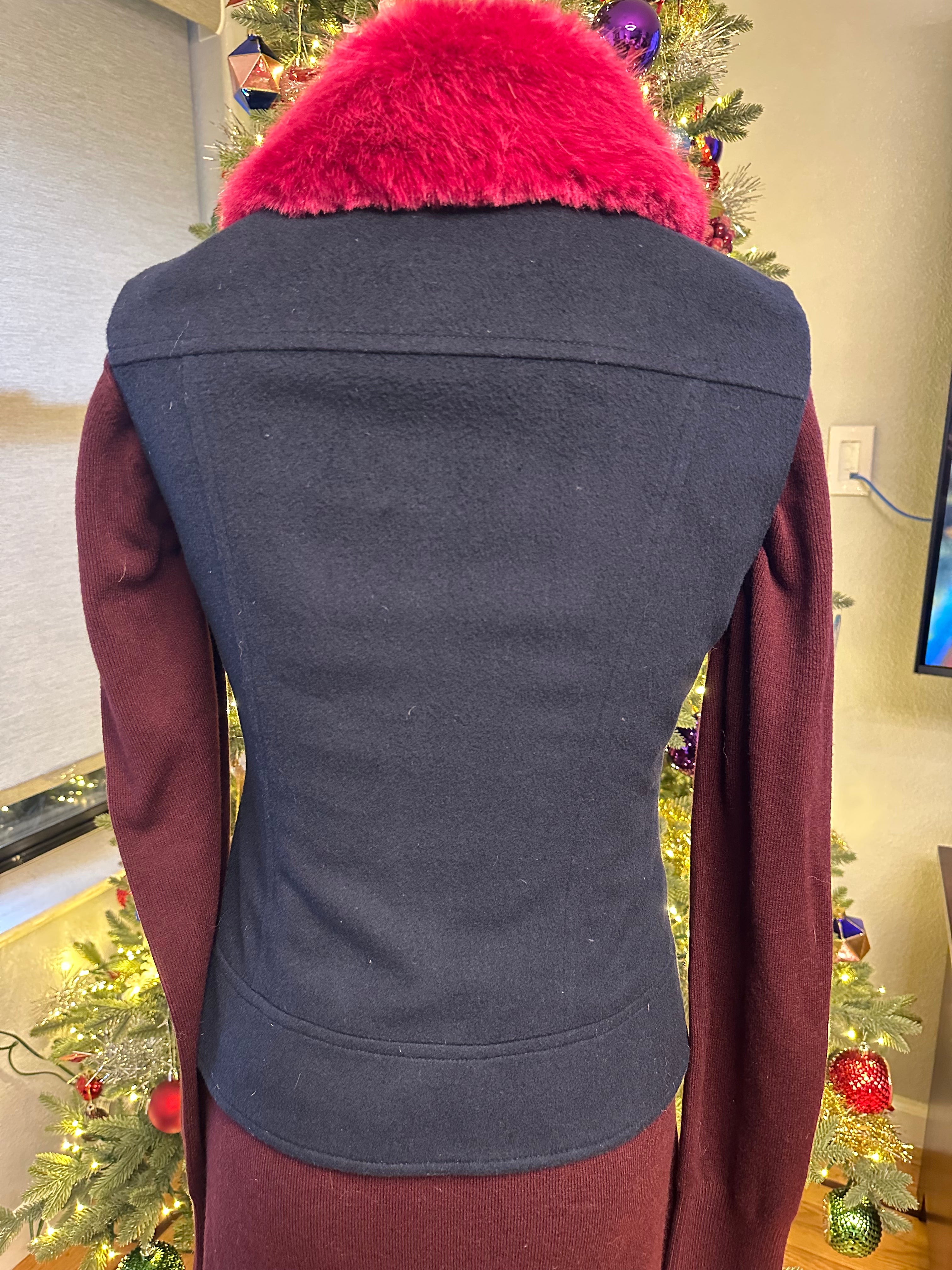 HELENE London Wool Blend Blue with Hot Pink Faux Fur Collar Jacket