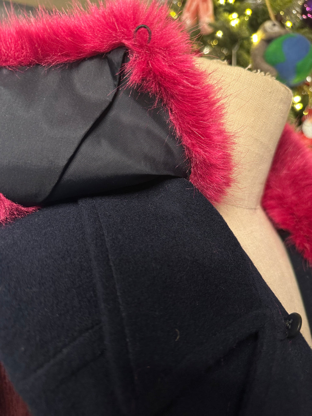 HELENE London Wool Blend Blue with Hot Pink Faux Fur Collar Jacket