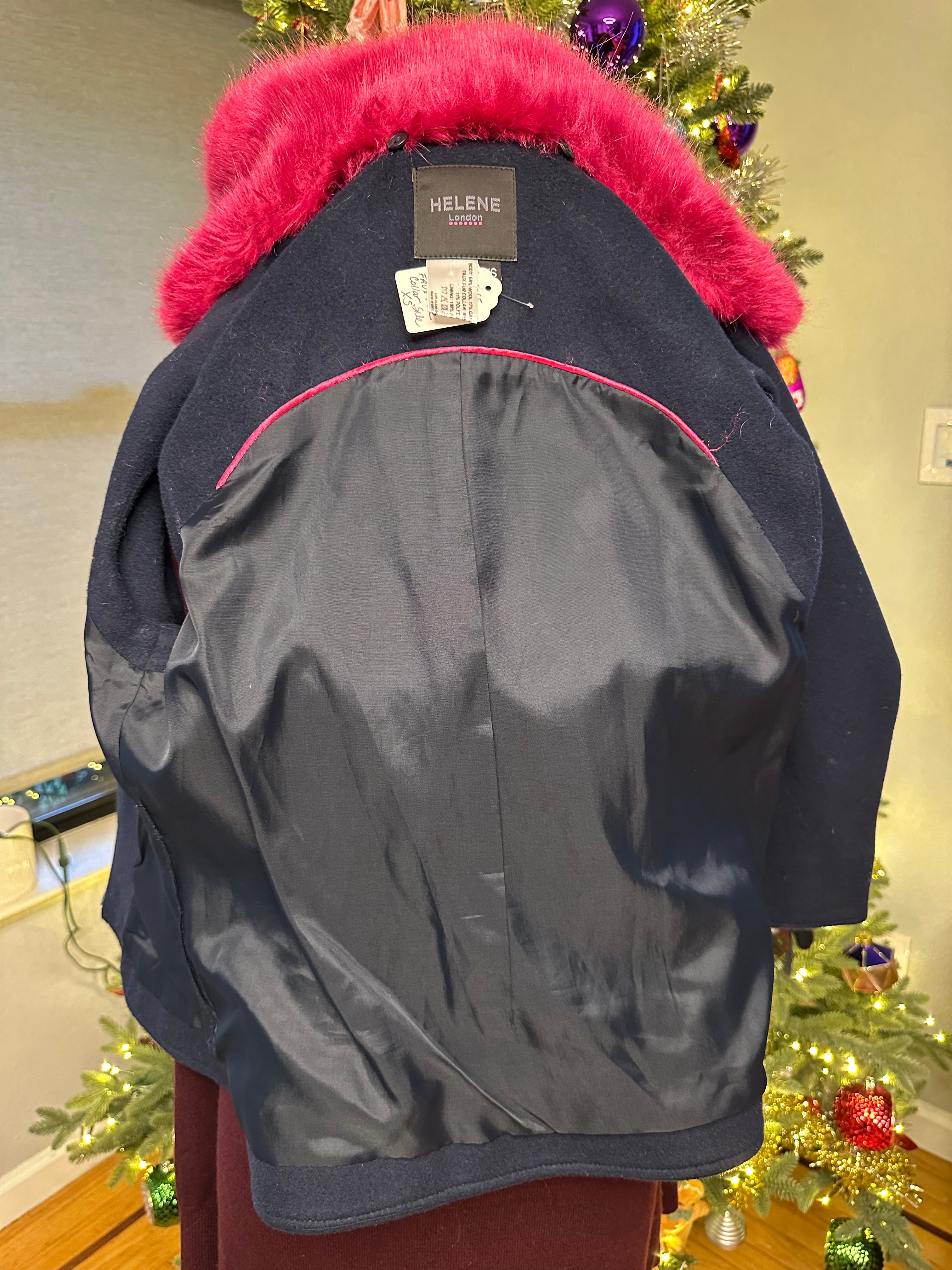 HELENE London Wool Blend Blue with Hot Pink Faux Fur Collar Jacket