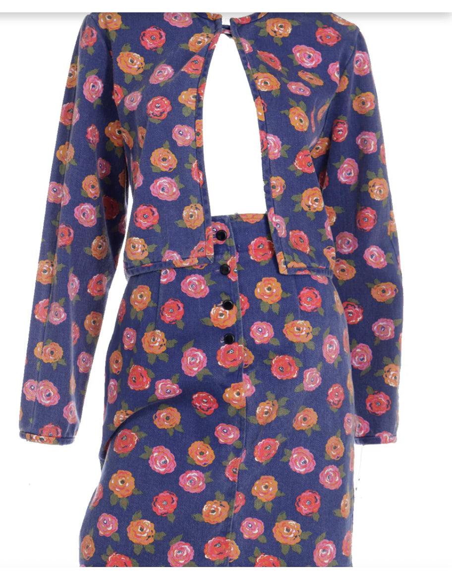 Vintage 1980's Ungaro Floral Denim Jacket and Mini Skirt Set