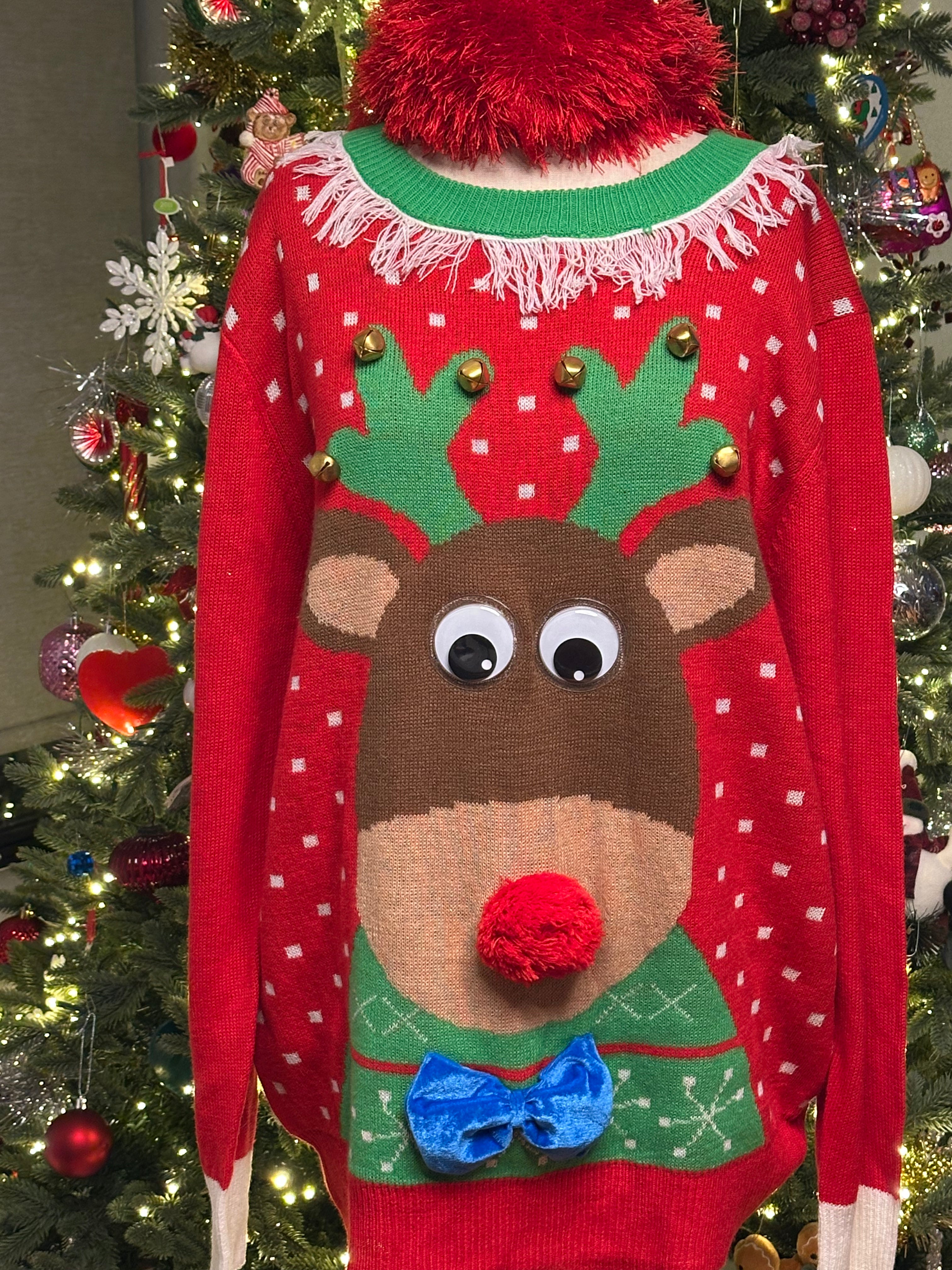 Ugly Holiday Goodly Eyed Reindeer Sweater L/XL