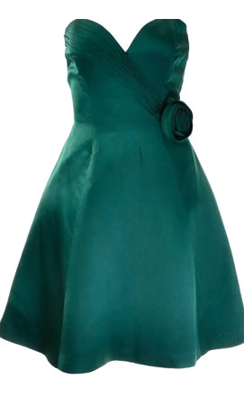 Vintage 1980's Vicky Tiel Couture Green Satin Strapless Dress with Rosette