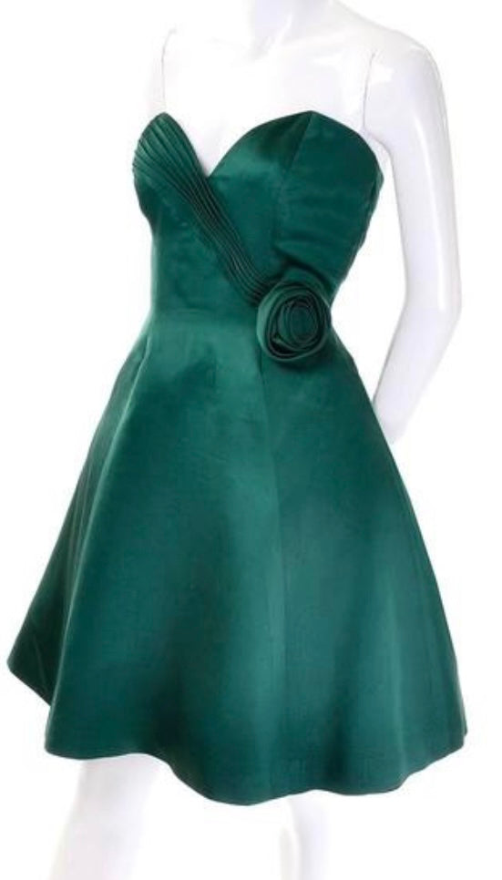 Vintage 1980's Vicky Tiel Couture Green Satin Strapless Dress with Rosette
