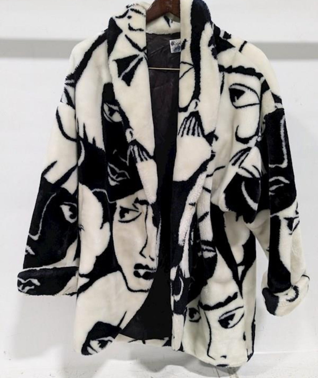 Vintage 1980's Pre-owned Regal Collection Picasso Inspired Faux Fur Coat (Med)